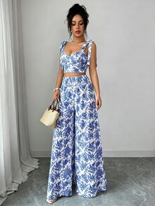 Elenzga Women's 2 Pieces Set: Camisole Top With Back Shirred Design + Shirred Waist Wide Leg Straight Pants - Blue - View 6