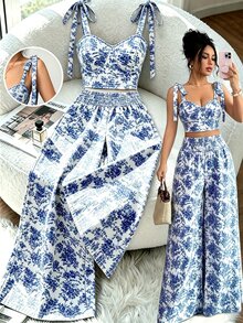 Elenzga Women's 2 Pieces Set: Camisole Top With Back Shirred Design + Shirred Waist Wide Leg Straight Pants - Blue - View 1