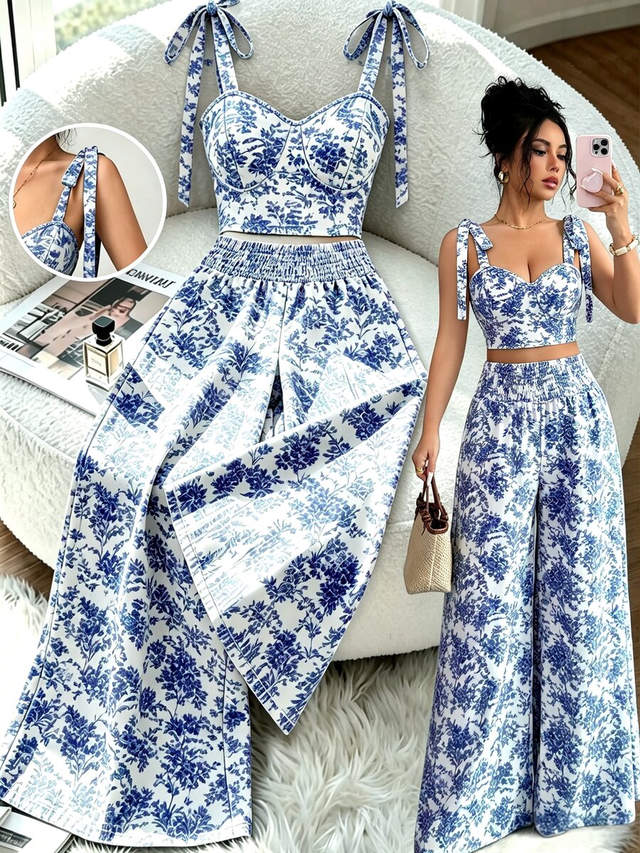Elenzga Women's 2 Pieces Set: Camisole Top With Back Shirred Design + Shirred Waist Wide Leg Straight Pants - Blue - View 1