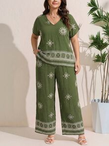 SHEIN LUNE 2件組大尺碼女款軍綠色夏季波希米亞休閒度假套裝，短袖V領T恤與長褲，優雅時尚 - 彩色 - 查看 5