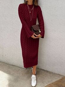 EURMUSE Women's Knitwear Long Dress With Cable Pattern - Burgundy - View 8