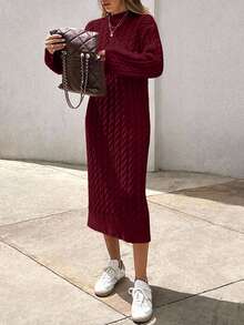 EURMUSE Women's Knitwear Long Dress With Cable Pattern - Burgundy - View 5