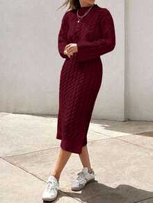 EURMUSE Women's Knitwear Long Dress With Cable Pattern - Burgundy - View 7