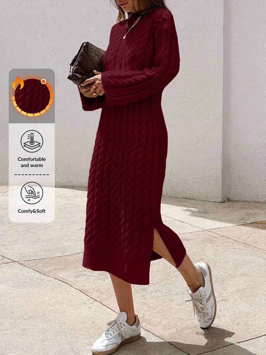 EURMUSE Women's Knitwear Long Dress With Cable Pattern - Burgundy - View 1