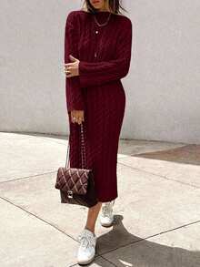 EURMUSE Women's Knitwear Long Dress With Cable Pattern - Burgundy - View 4