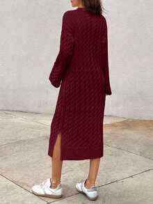 EURMUSE Women's Knitwear Long Dress With Cable Pattern - Burgundy - View 2