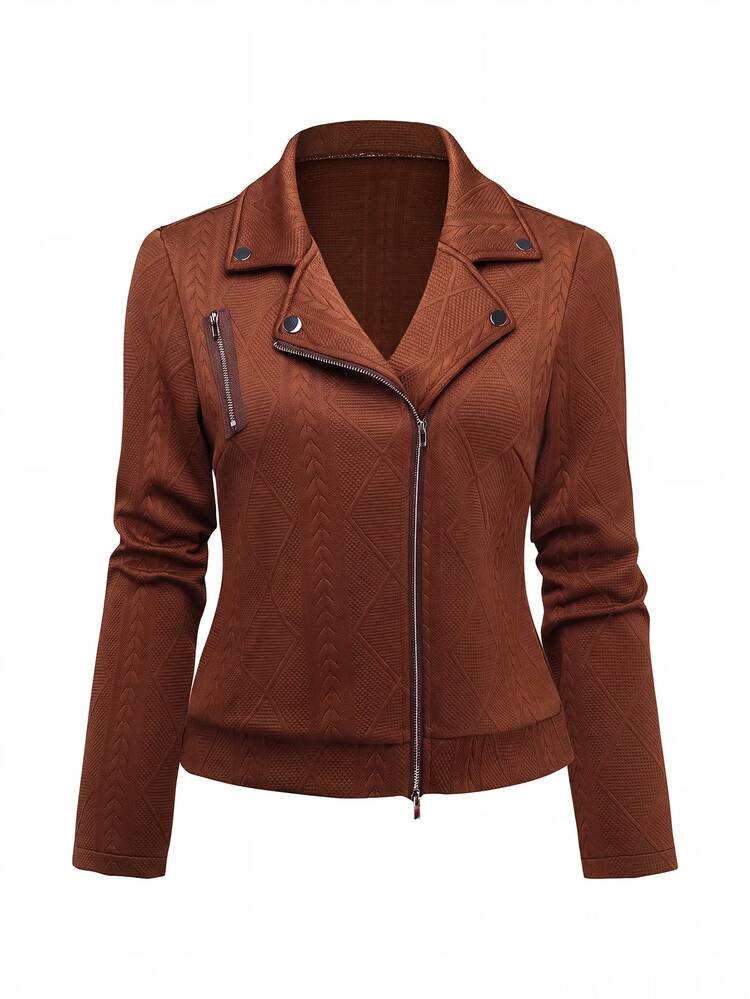 Yalmera Suit Lapel Textured Fabric Zipper Casual Motorcycle Jacket - Brown - View 4