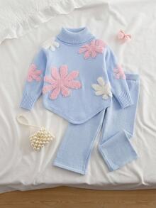 SHEIN Vintaside Kids 2件組女童毛衣套裝，淺藍色高領不對稱下擺，簡約清新粉色與白色花卉提花圖案套頭毛衣，搭配淺藍色直筒毛衣長褲，溫柔甜美風格，適中厚度，整齊下擺，緊口袖口，精緻圖案，舒適適合日常穿著、外出、上學及其他場合，適用秋冬 - 藍色 - 查看 9
