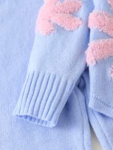 SHEIN Vintaside Kids 2件組女童毛衣套裝，淺藍色高領不對稱下擺，簡約清新粉色與白色花卉提花圖案套頭毛衣，搭配淺藍色直筒毛衣長褲，溫柔甜美風格，適中厚度，整齊下擺，緊口袖口，精緻圖案，舒適適合日常穿著、外出、上學及其他場合，適用秋冬 - 藍色 - 查看 3
