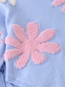 SHEIN Vintaside Kids 2件組女童毛衣套裝，淺藍色高領不對稱下擺，簡約清新粉色與白色花卉提花圖案套頭毛衣，搭配淺藍色直筒毛衣長褲，溫柔甜美風格，適中厚度，整齊下擺，緊口袖口，精緻圖案，舒適適合日常穿著、外出、上學及其他場合，適用秋冬 - 藍色 - 查看 4
