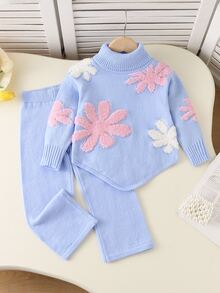 SHEIN Vintaside Kids 2件組女童毛衣套裝，淺藍色高領不對稱下擺，簡約清新粉色與白色花卉提花圖案套頭毛衣，搭配淺藍色直筒毛衣長褲，溫柔甜美風格，適中厚度，整齊下擺，緊口袖口，精緻圖案，舒適適合日常穿著、外出、上學及其他場合，適用秋冬 - 藍色 - 查看 10