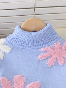 SHEIN Vintaside Kids 2件組女童毛衣套裝，淺藍色高領不對稱下擺，簡約清新粉色與白色花卉提花圖案套頭毛衣，搭配淺藍色直筒毛衣長褲，溫柔甜美風格，適中厚度，整齊下擺，緊口袖口，精緻圖案，舒適適合日常穿著、外出、上學及其他場合，適用秋冬 - 藍色 - 查看 6