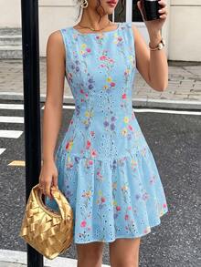 Flora Isola Flora Isola 女款夏季淺藍色花卉印花鏤空刺繡無袖荷葉邊修飾A字短洋裝，適合早午餐度假，性感牙買加風 - 淺藍色 - 查看 5