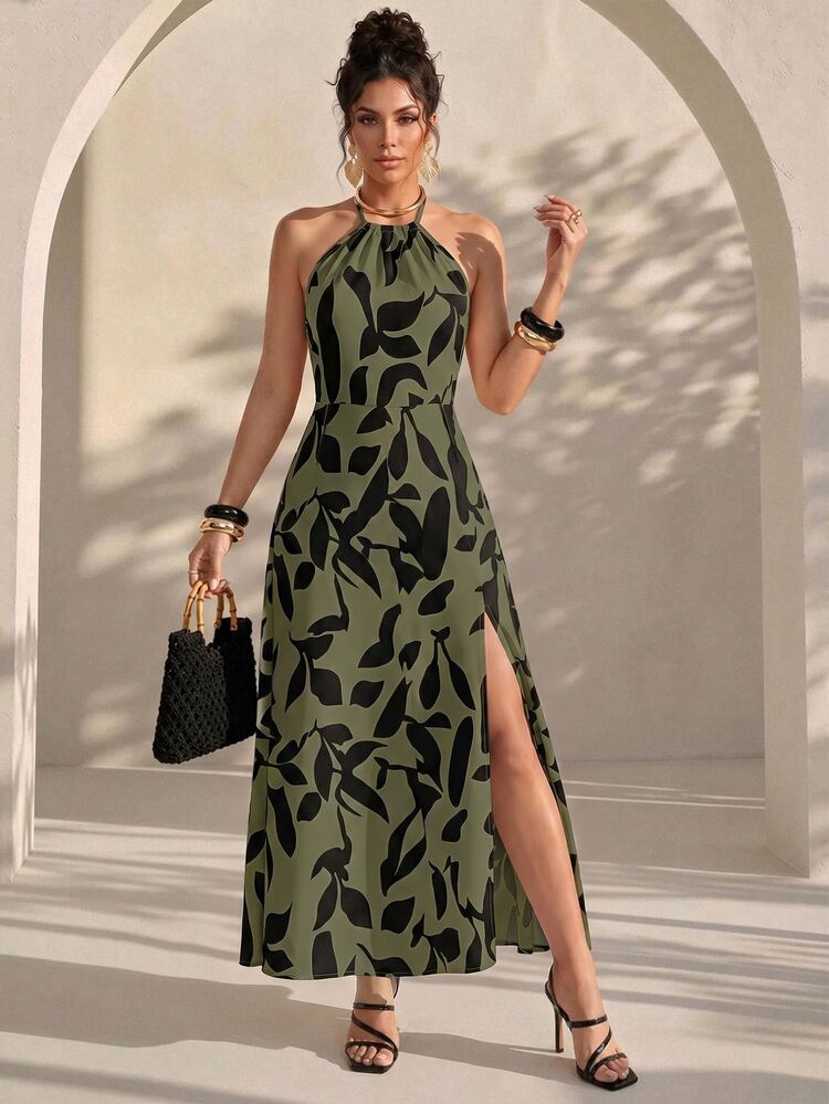 Structelle Olive Green Split Thigh Halter Dress Maxi Women Outfit Beach Party Summer Sexy - Dark Green - View 6