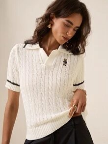 Briarwyn 女款卡通熊刺繡短袖休閒學院風針織上衣，白色，適合秋季校園穿搭 - 白色 - 查看 5