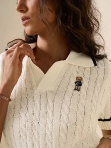 Briarwyn 女款卡通熊刺繡短袖休閒學院風針織上衣，白色，適合秋季校園穿搭 - 白色 - 查看 2