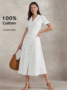 Briarwyn 女士纯色翻领短袖单排扣休闲长裙 - 白色 - 查看 7