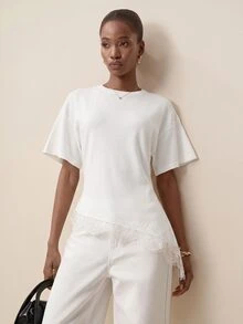 Briarwyn Women's Fashion Elegant Lace Patchwork Asymmetrical Hem Top - White - View 8