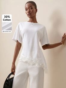 Briarwyn Women's Fashion Elegant Lace Patchwork Asymmetrical Hem Top - White - View 7