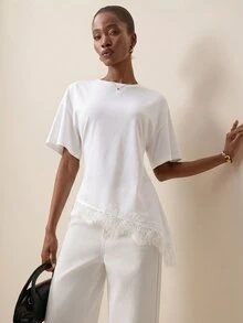 Briarwyn Women's Fashion Elegant Lace Patchwork Asymmetrical Hem Top - White - View 1
