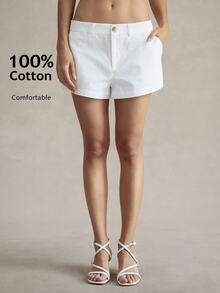 Briarwyn Women Casual Solid Color Woven Shorts, Fashionable For Summer Beach 4th Of July Airport/White/Cloud Dancer - White - View 9