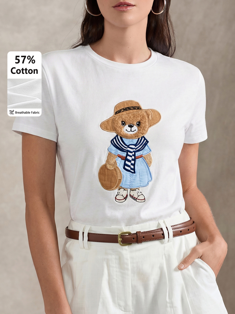 Briarwyn Women's Casual Cute Daily Travel Bear Embroidery Round Neck Short Sleeve T-Shirt, Summer White,Summer Top - White - View 1