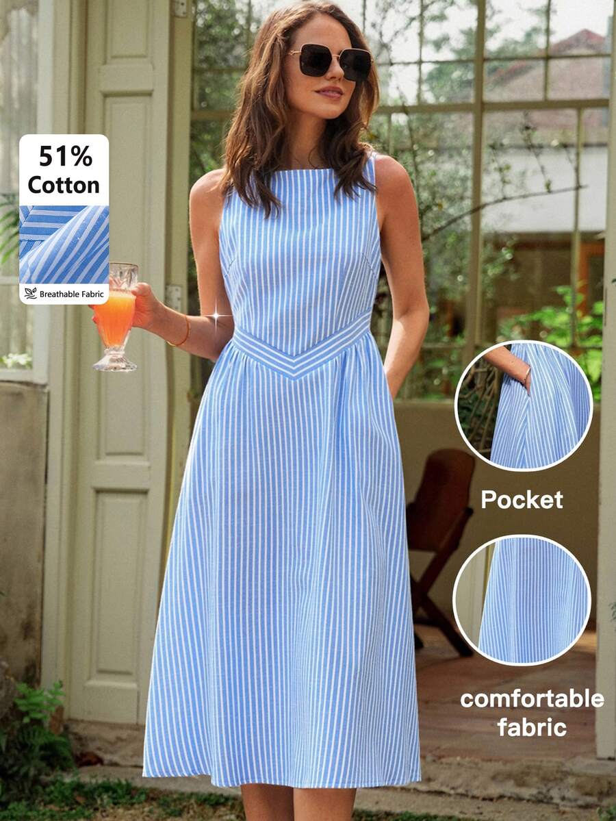 Dayvera Women's Striped Round Neck Casual Sleeveless Long Dress With Pockets - Blue - View 1