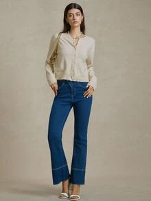 Briarwyn Cardigan Wanita Lengan Panjang Warna Polos dengan Bukaan Depan, Modis untuk Liburan Musim Panas, Sweater untuk Wanita, Pakaian Musim Panas Wanita, Komposisi Wol, 4 Juli di Musim Gugur/Dingin - Aprikot - View 5