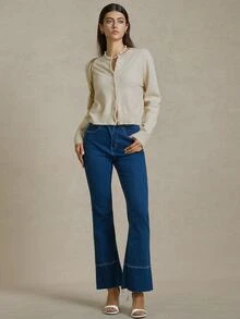 Briarwyn Cardigan Wanita Lengan Panjang Warna Polos dengan Bukaan Depan, Modis untuk Liburan Musim Panas, Sweater untuk Wanita, Pakaian Musim Panas Wanita, Komposisi Wol, 4 Juli di Musim Gugur/Dingin - Aprikot - View 3