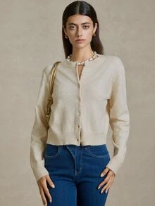 Briarwyn Cardigan Wanita Lengan Panjang Warna Polos dengan Bukaan Depan, Modis untuk Liburan Musim Panas, Sweater untuk Wanita, Pakaian Musim Panas Wanita, Komposisi Wol, 4 Juli di Musim Gugur/Dingin - Aprikot - View 10