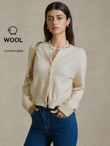 Briarwyn Cardigan Wanita Lengan Panjang Warna Polos dengan Bukaan Depan, Modis untuk Liburan Musim Panas, Sweater untuk Wanita, Pakaian Musim Panas Wanita, Komposisi Wol, 4 Juli di Musim Gugur/Dingin - Aprikot - View 2