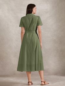 Briarwyn 女士时尚纯色棉质通勤单排扣长连衣裙 - 軍綠色 - 查看 8