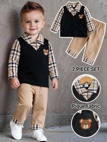 SHEIN Playful Pals 男嬰格紋卡通圖案 2 合 1 POLO 衫與長褲休閒日常套裝 - 卡其色 - 查看 3