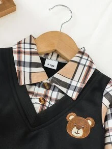 SHEIN Playful Pals 男嬰格紋卡通圖案 2 合 1 POLO 衫與長褲休閒日常套裝 - 卡其色 - 查看 4