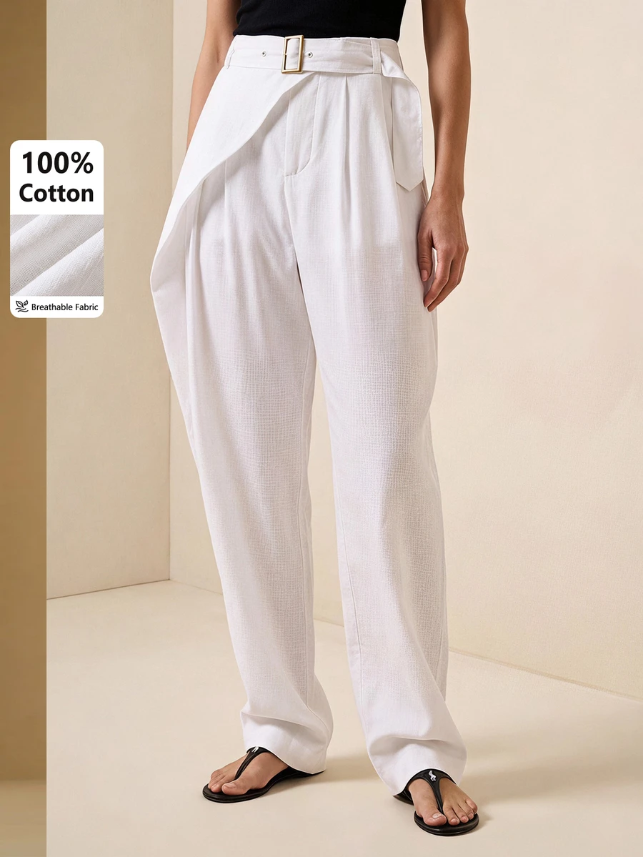Briarwyn White Multi-Pocket Belt Casual Women's Long Pants For Home And Party, Spring Summer Autumn Winter - White - View 1