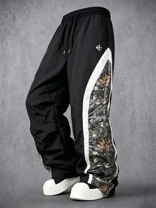 Manfinity Denimwave Men's Casual Dry Leaf Pattern Printed Contrast Color Drawstring Waist Sports Long Pants - Black - View 3