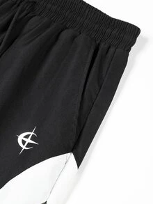 Manfinity Denimwave Men's Casual Dry Leaf Pattern Printed Contrast Color Drawstring Waist Sports Long Pants - Black - View 5