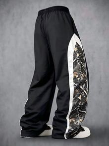 Manfinity Denimwave Men's Casual Dry Leaf Pattern Printed Contrast Color Drawstring Waist Sports Long Pants - Black - View 2