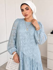 Solavon Plus Size Women's Lace Pleated Casual Party & Travel Dress - Blue - View 4