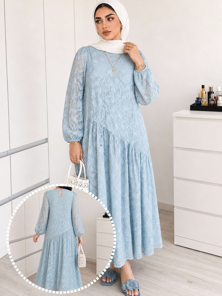Solavon Gaun Pesta & Perjalanan Kasual Lipit Renda untuk Wanita Ukuran Besar - Biru - View 1