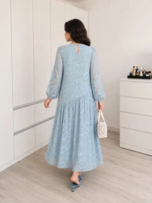 Solavon Plus Size Women's Lace Pleated Casual Party & Travel Dress - Blue - View 2