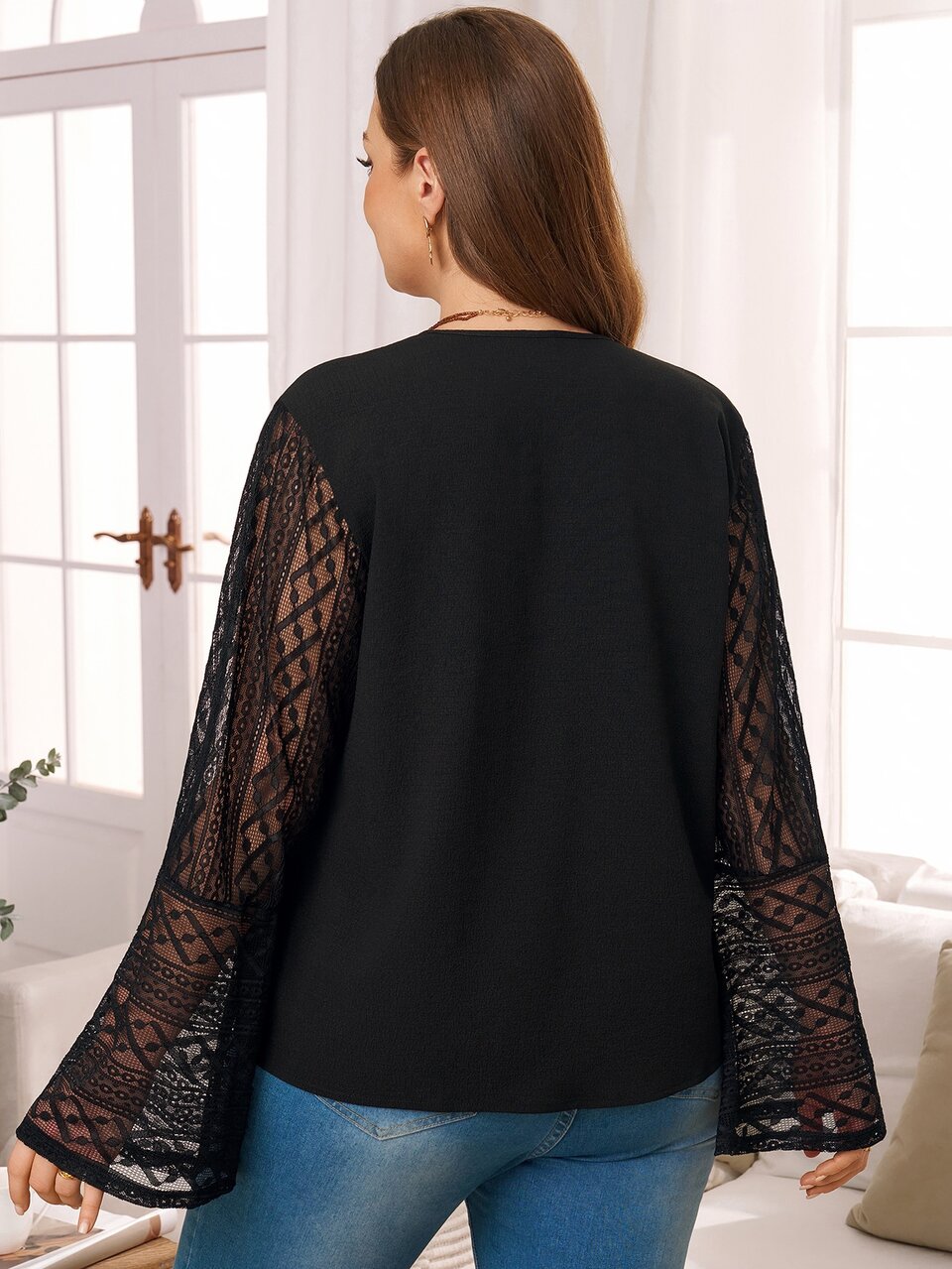 Women's Plus Size Lace Sleeve Patchwork Blouse Fall Clothes For Women  Fall Winter 2026  V-Neck Lace Bell Sleeves
