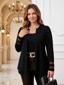 EMERY ROSE Casual Plus Size Women Solid Color Mesh Patchwork Commuter Long Sleeve Open Front Jacket Black Blazer For Sheer Top Petal Suit Suits Woman Fall - Black - View 6