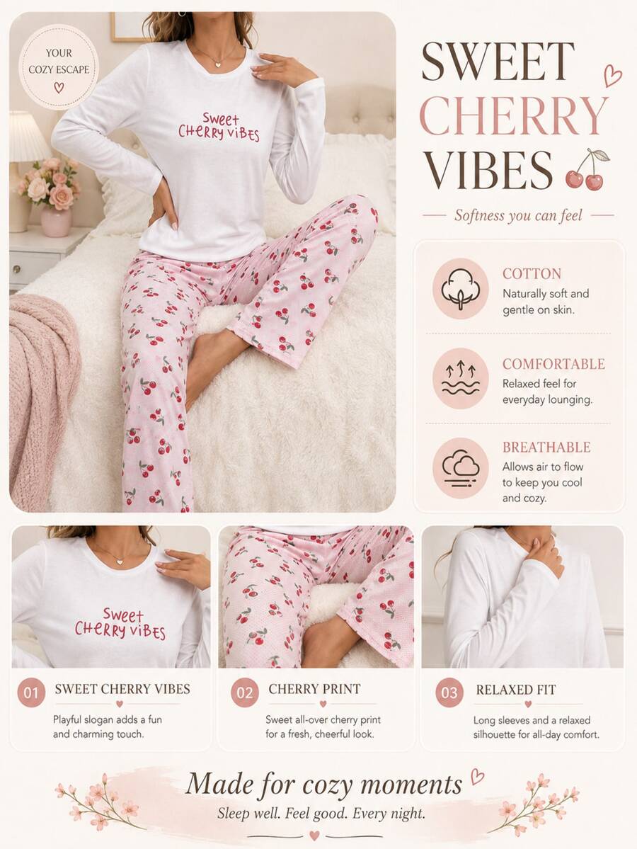 SHEIN Women Cotton 2Pcs Letter Print Long Sleeve Top & Cherry Print Pants Pajama Set - Multicolor - View 1