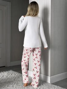 SHEIN Women Cotton 2Pcs Letter Print Long Sleeve Top & Cherry Print Pants Pajama Set - Multicolor - View 2