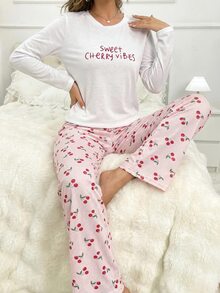 SHEIN Women Cotton 2Pcs Letter Print Long Sleeve Top & Cherry Print Pants Pajama Set - Multicolor - View 7
