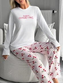 SHEIN Women Cotton 2Pcs Letter Print Long Sleeve Top & Cherry Print Pants Pajama Set - Multicolor - View 6