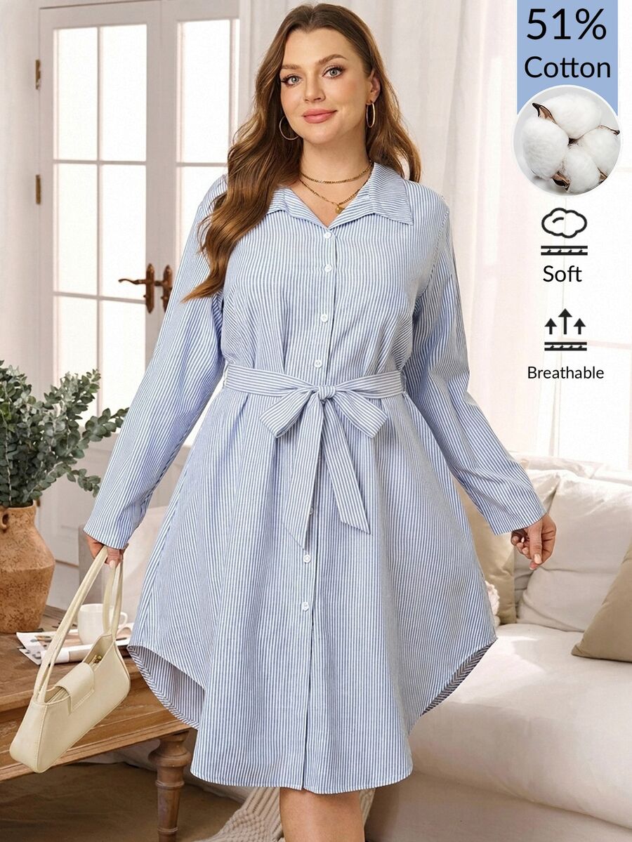 Rosumi Gaun Kasual Musim Panas Harian Wanita Ukuran Besar dengan Ikat Pinggang Bergaris - Blue and White - View 1