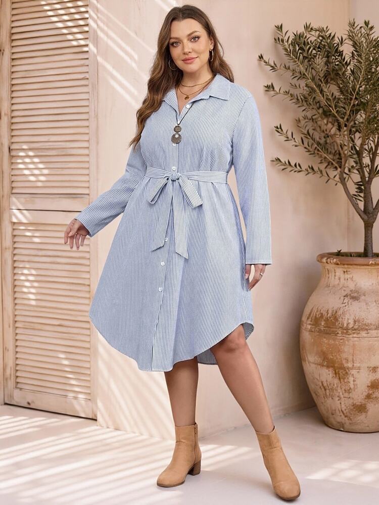 Rosumi Plus Size Women's Autumn/Winter Casual Vacation Country Long Sleeve  Striped Waist Tie Casual Daily Dress,Fall,Holiday,Going Out Outfits,Daily Wear - Blue and White - View 10