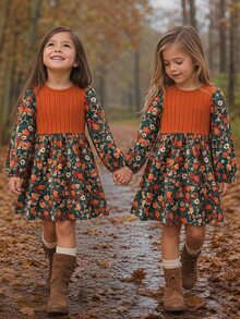 Emery Rose Kids 女童 LUNE 花卉印花燈籠袖荷葉邊洋裝，法式花卉仙女風洋裝 - 黑色 - 查看 3
